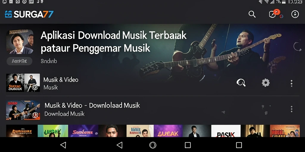Tampilan antarmuka utama aplikasi <strong>SURGA77</strong> untuk Download Musik dengan opsi pencarian yang mudah.
